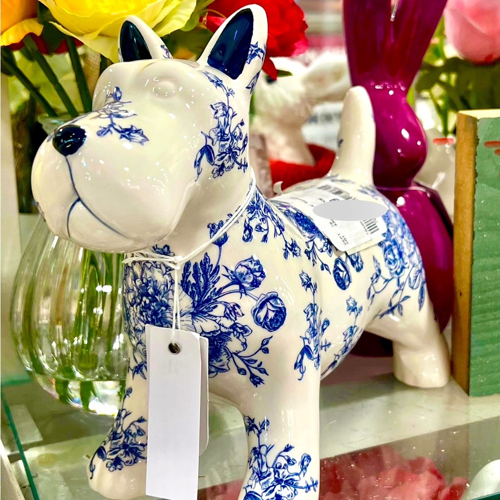 Floral Botanical Blue and White Ceramic SCHNAUZER Figurine